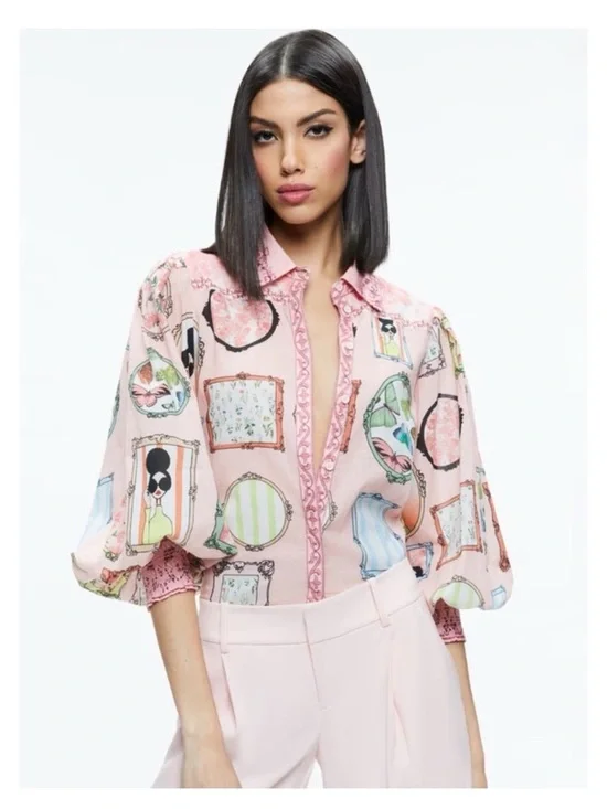 Alice+Olivia Mirror Mirror Stace Tiffie Drama Sleeve Blouse Size S HARD TO FIND - Picture 1 of 11